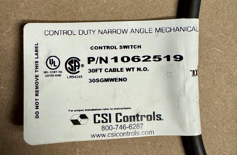 CSI Controls 1062519 Narrow Angle Float Switch 30ft Cable N.O. Sump Pump