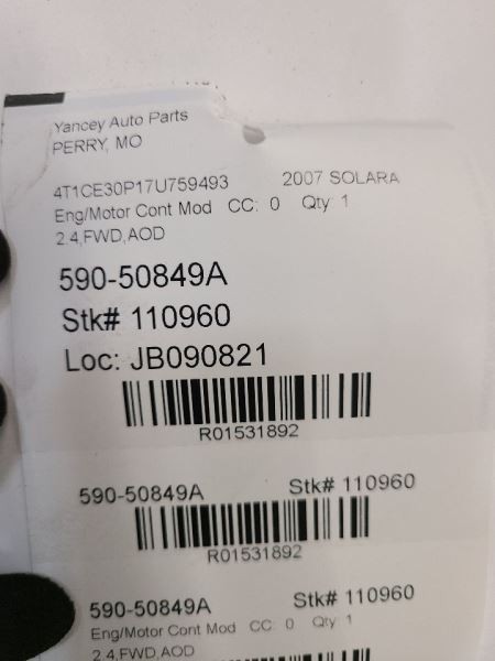 07 TOYOTA SOLARA Engine ECM Electronic Control Module By Glove Box