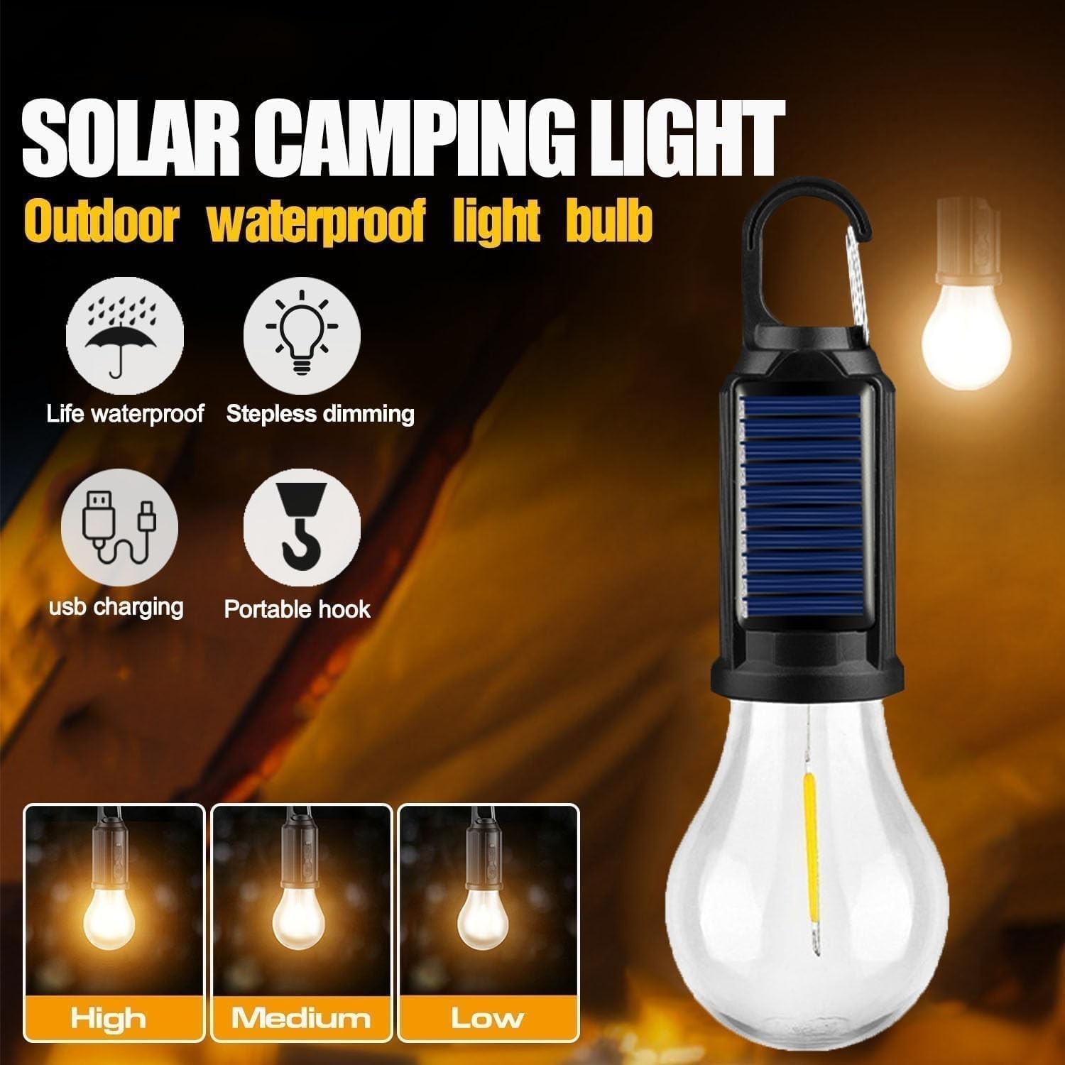 2Pcs Solar Powered Hanging LED Light Bulb Outdoor Waterproof Tent Camping Lights