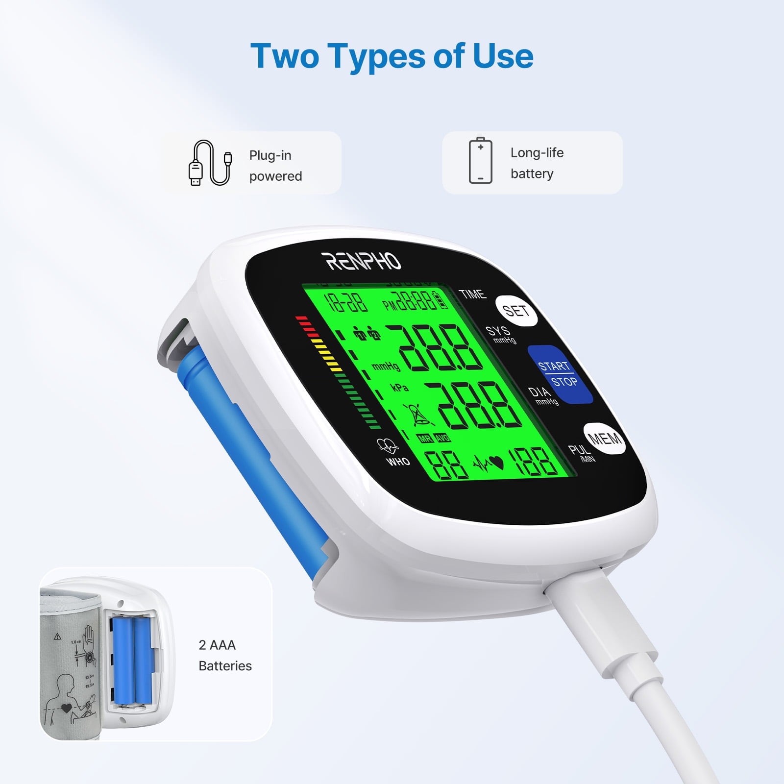 RENPHO Blood Pressure Monitor Wrist Rechargeable Heart Rate Machine Large Displa