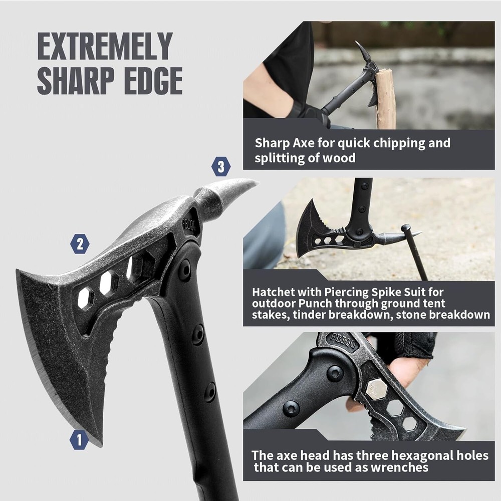 15" Black Stonewashed Tomahawk Throwing Axe Battle Hatchet Survival Fixed Blade