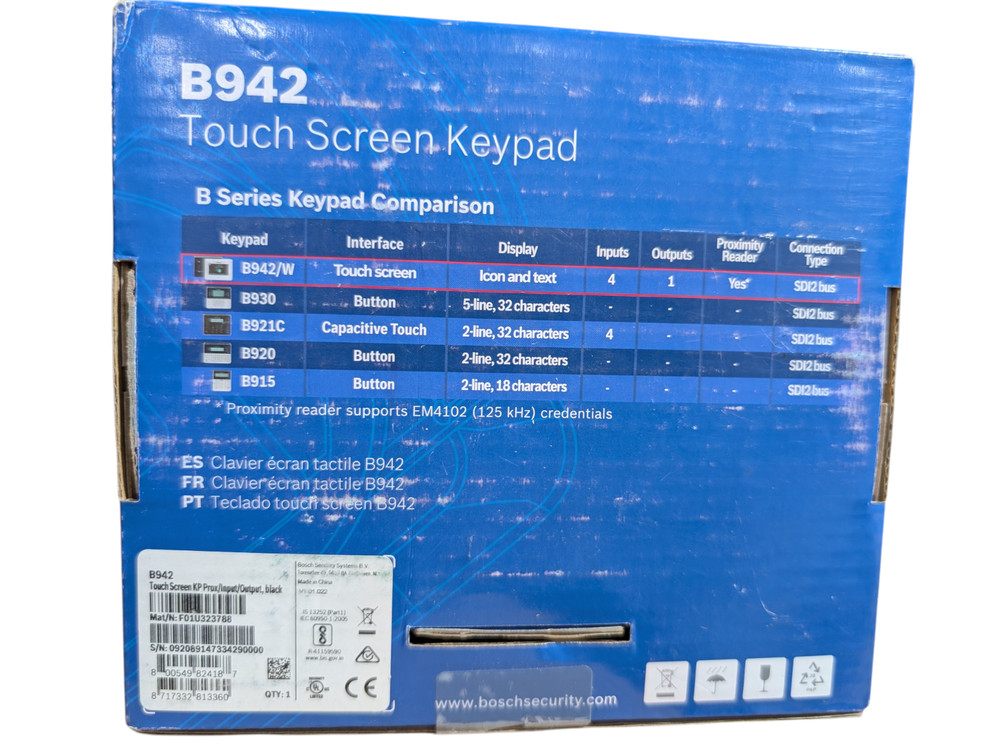 Bosch B942 Touchscreen Intrusion LCD Keypad Black *New, Open Box*