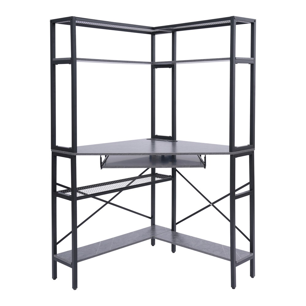 Triangular Computer Desk W/ Led Lights and Power Outlet, Home Office Corner Desk