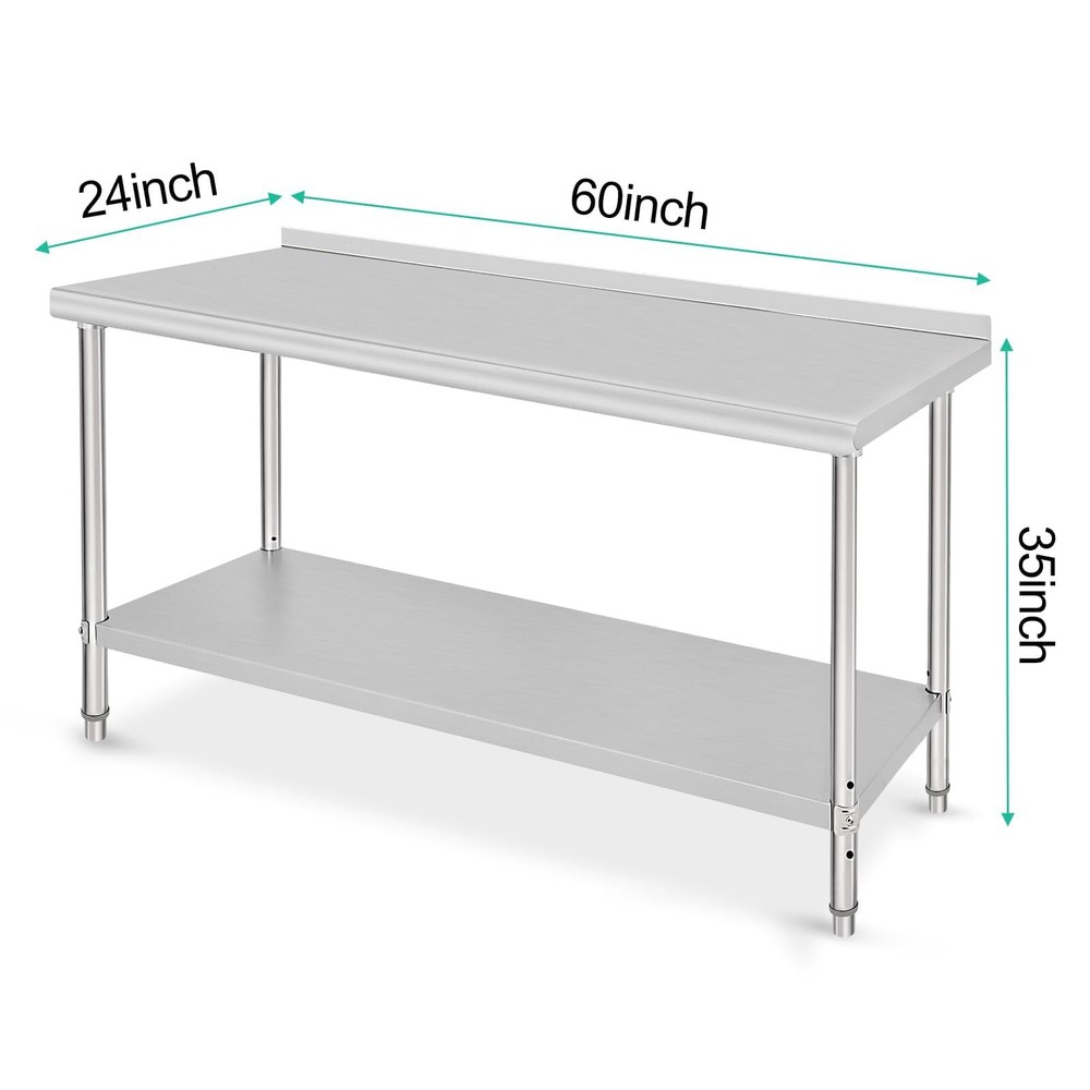 60"x24" Kitchen Prep Table Stainless Steel Work Table Undershelf with Backsplash