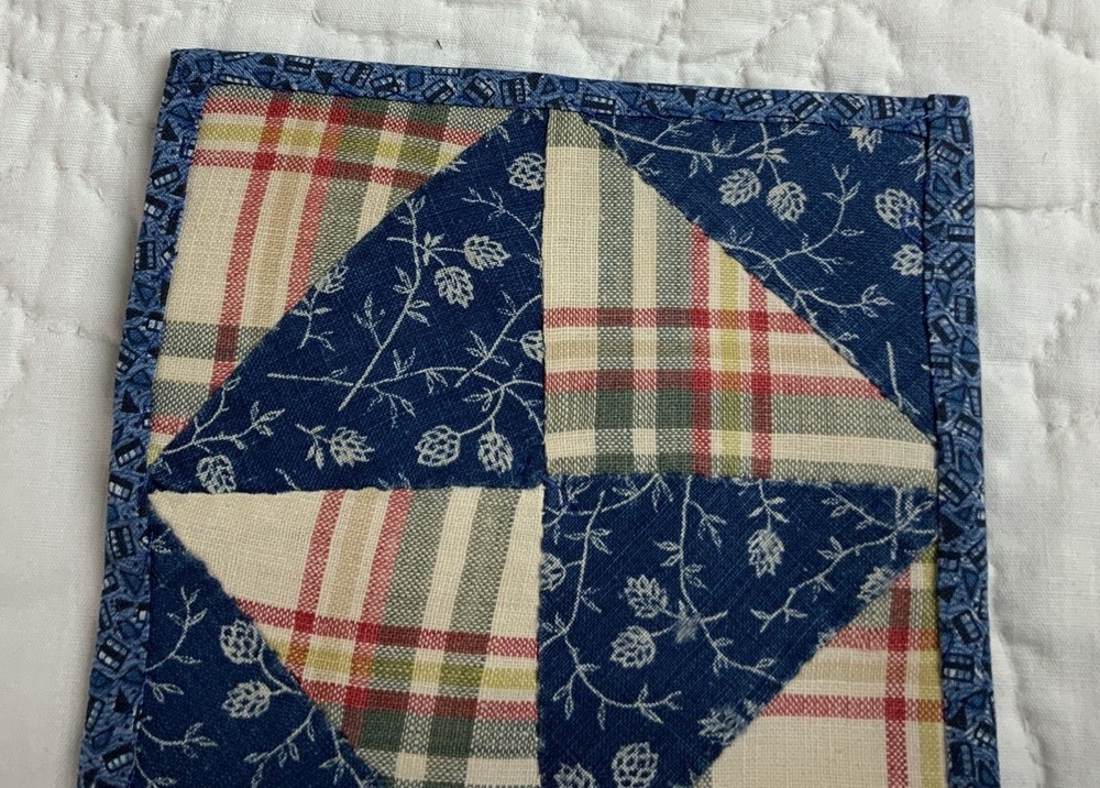 Antique Patchwork Quilt Table Topper Or Doll Quilt, Four Patch W/ Triangles Blue