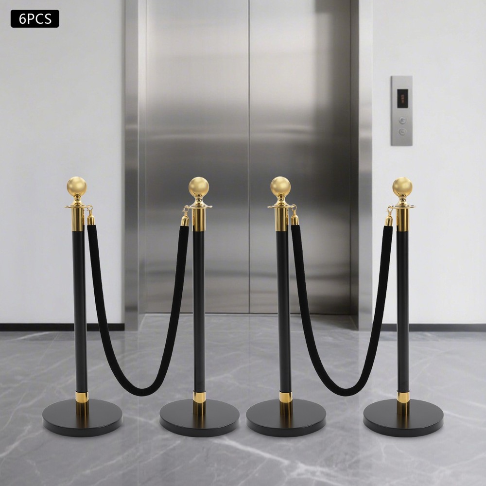 6 PCS Black Stainless Stanchion Posts with 4 Ropes Crowd Control Queue Barrier