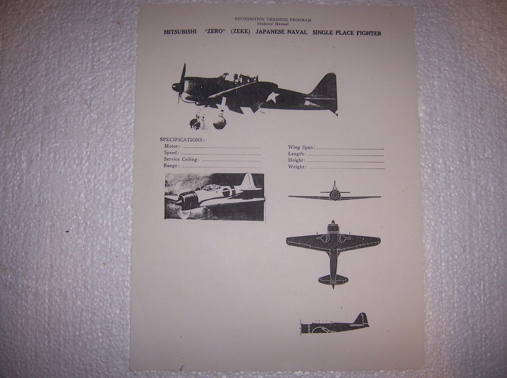 ARMY AIR CORP PLANE RECOGNITION TRAINING PROGRAM- ZERO (ZEKE)- COPY