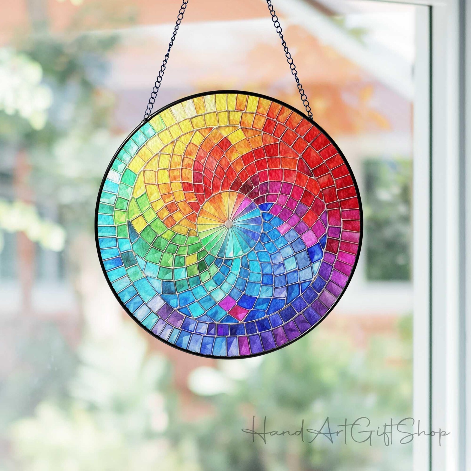 Rainbow Spiral Stained Glass Suncatcher, Spiral Window Hanging Decor