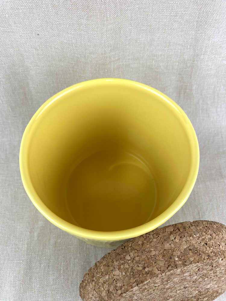Sur La Table Ceramic Canister Yellow Basketweave Pattern with Cork Lid