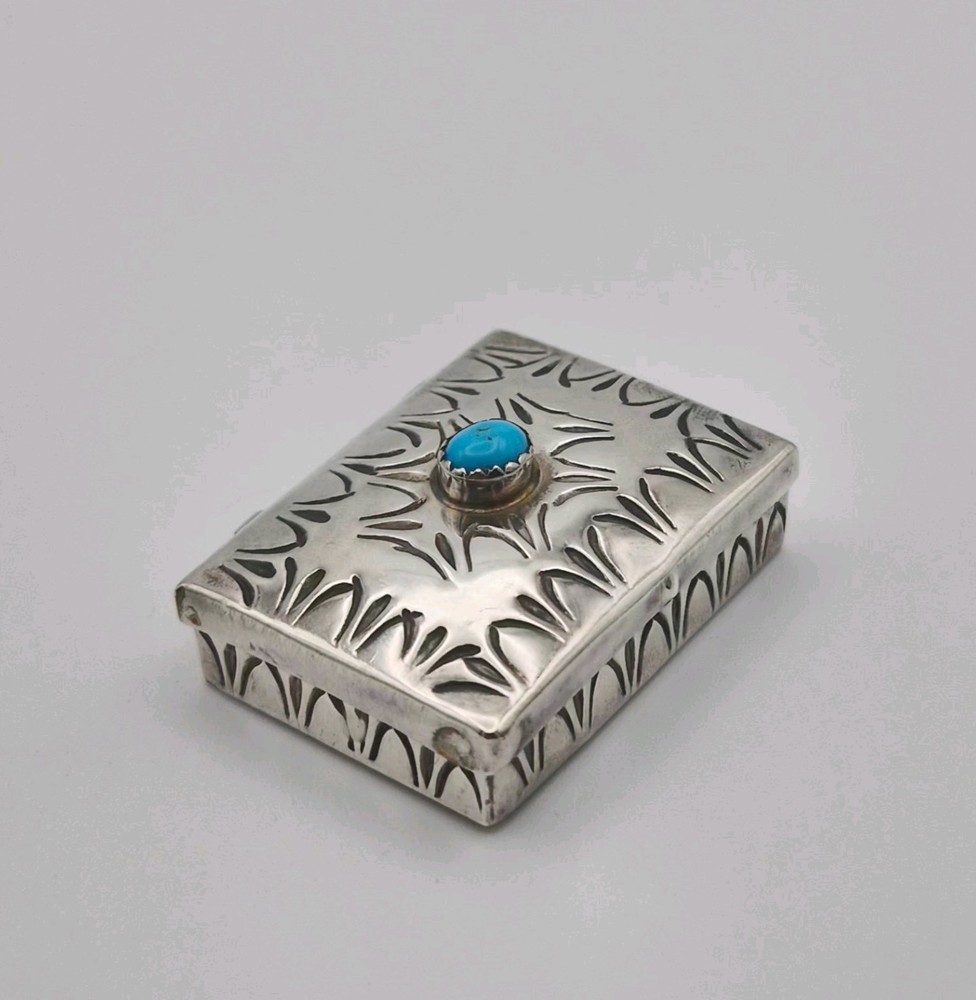 Vintage Sterling Silver Pill Box Rectangular Engraved Blue Turquoise 14.3g