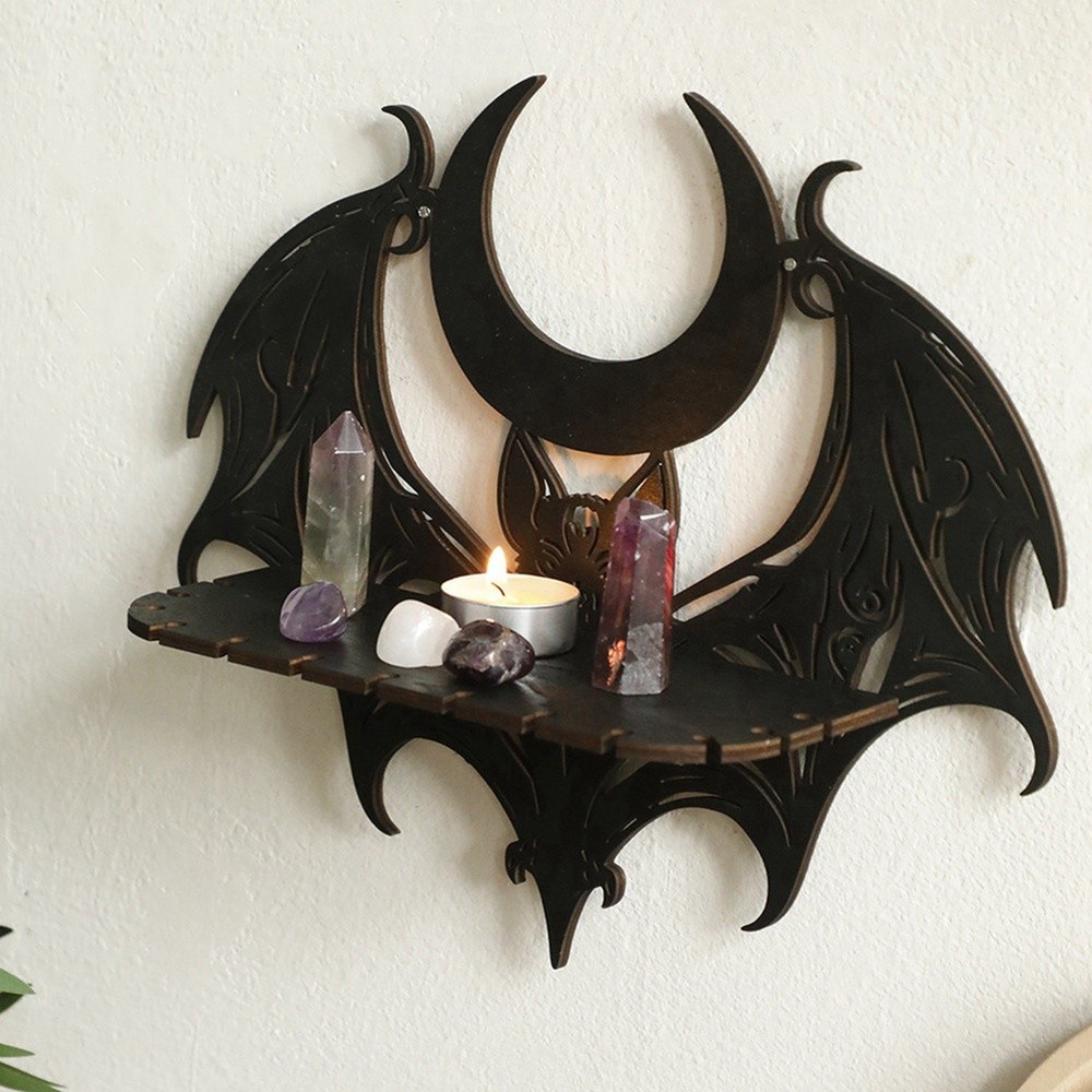 Black Wooden Wall Shelf Gothic Bat Profiling Hollow Pattern Floating Shelf3761
