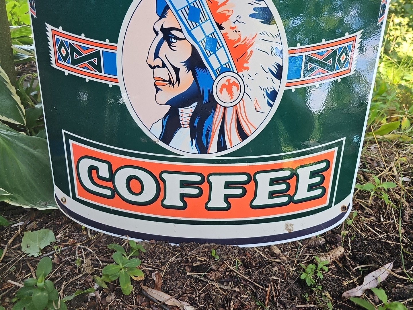 LARGE VINTAGE WAKE-EM UP COFFEE PORCELAIN SIGN 24" X 16" VERY HEAVY SIGN