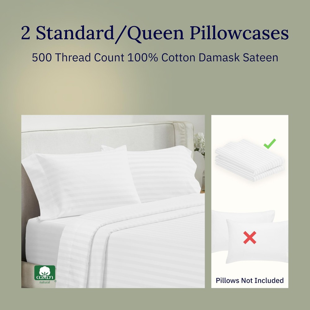 Soft & Silky 500 Thread Count 100% Cotton is Cool & Smooth, 2 White Standard ...