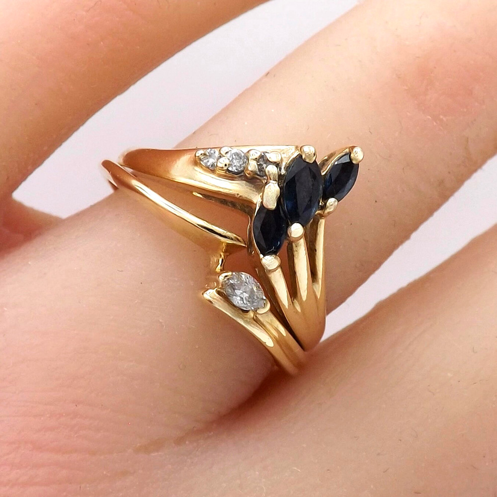 Solid 14k Gold Marquise Natural Sapphire Diamond Ring V Notched Setting sz8