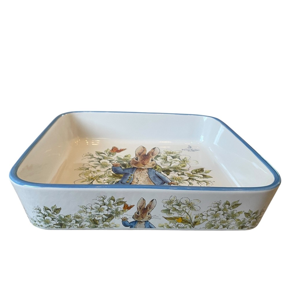 Beatrix Potter Peter Rabbit 9" Square Ceramic Baker Blue Rim Easter Bakeware NEW