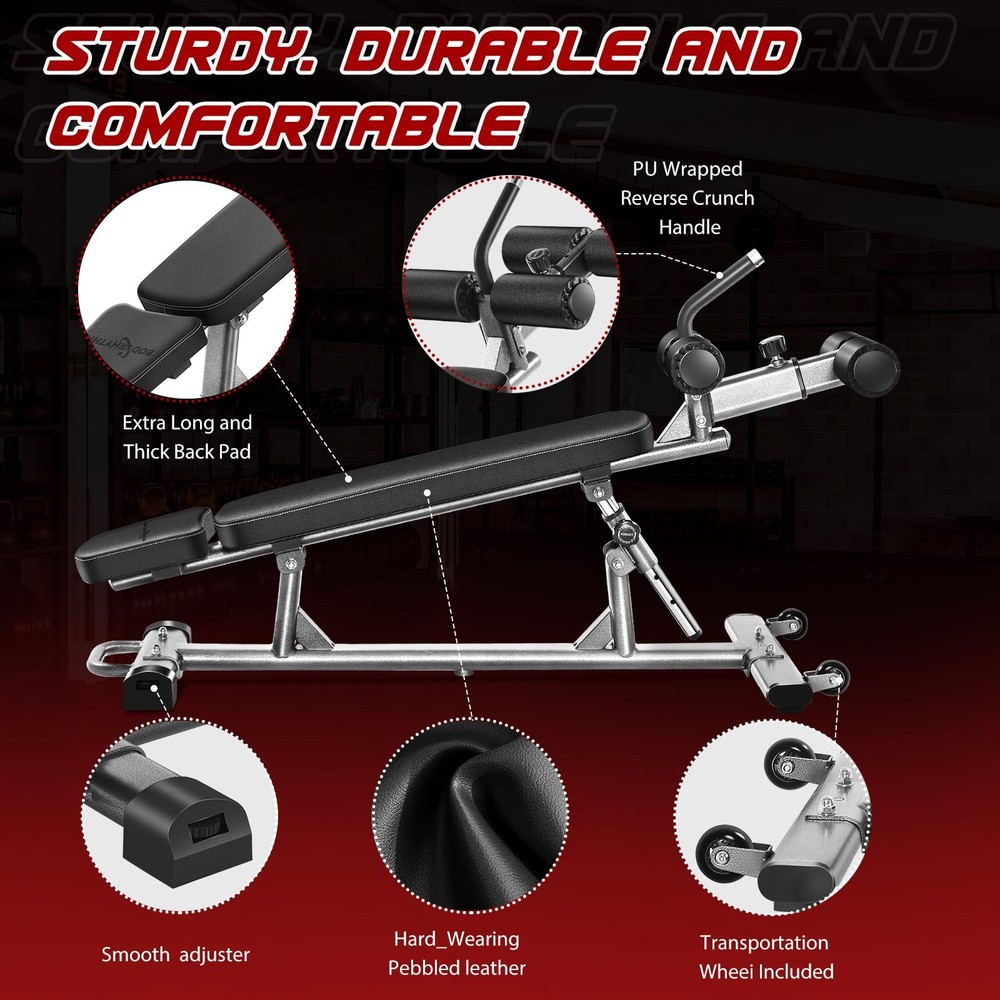 Adjustable Sit-Up Bench with 4 Heights, Reverse Crunch Handle & Weight Options