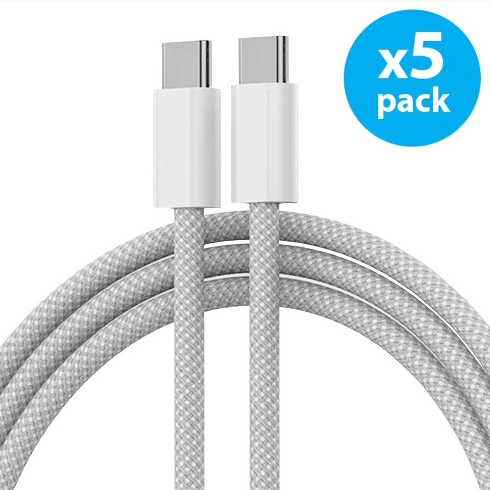 5-Pack USB-C to USB-C Fast Charging Data SYNC Cable Nylon Braided Silver 3ft