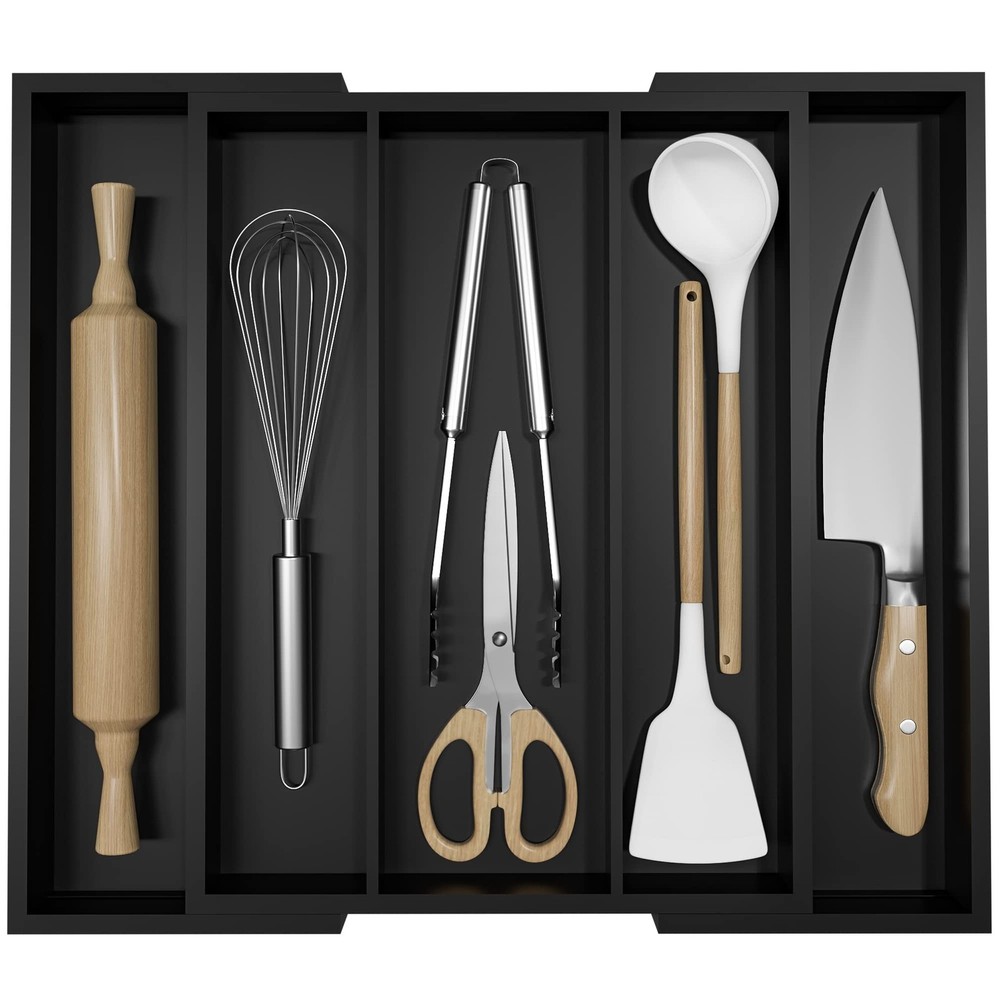 Kitchen Utensil Organizer Silverware Tray - Bamboo Flatware Organizer Expanda...