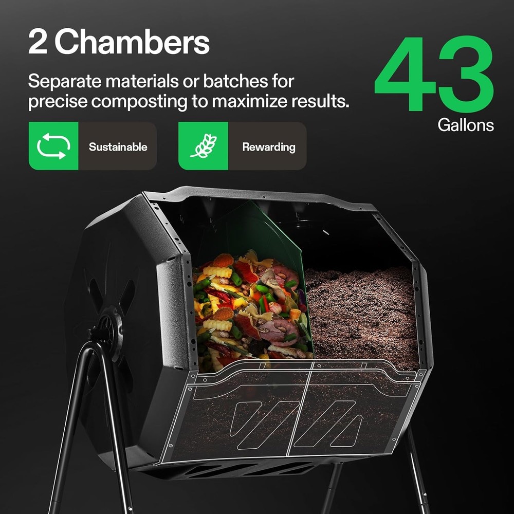 43 Gallon Outdoor Tumbling Composter Octagonal Dual Rotating Batch Compost Bin