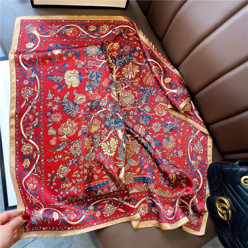 100% Mulberry Silk 27" Square Scarf Women Neckerchief Wrap Vintage Red Flower