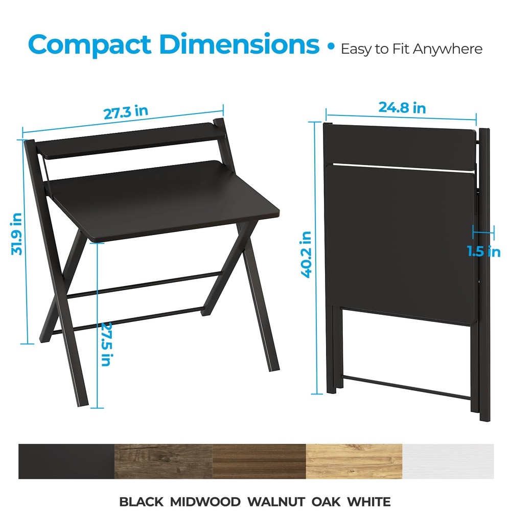No Assembly Folding Desk, 2-Tier Compact Computer Desk with Shelf, Space Savi...