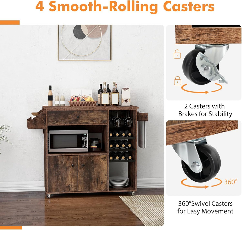 Rustic Brown Rolling Kitchen Island Cart with Drop-Leaf & Power Outlet