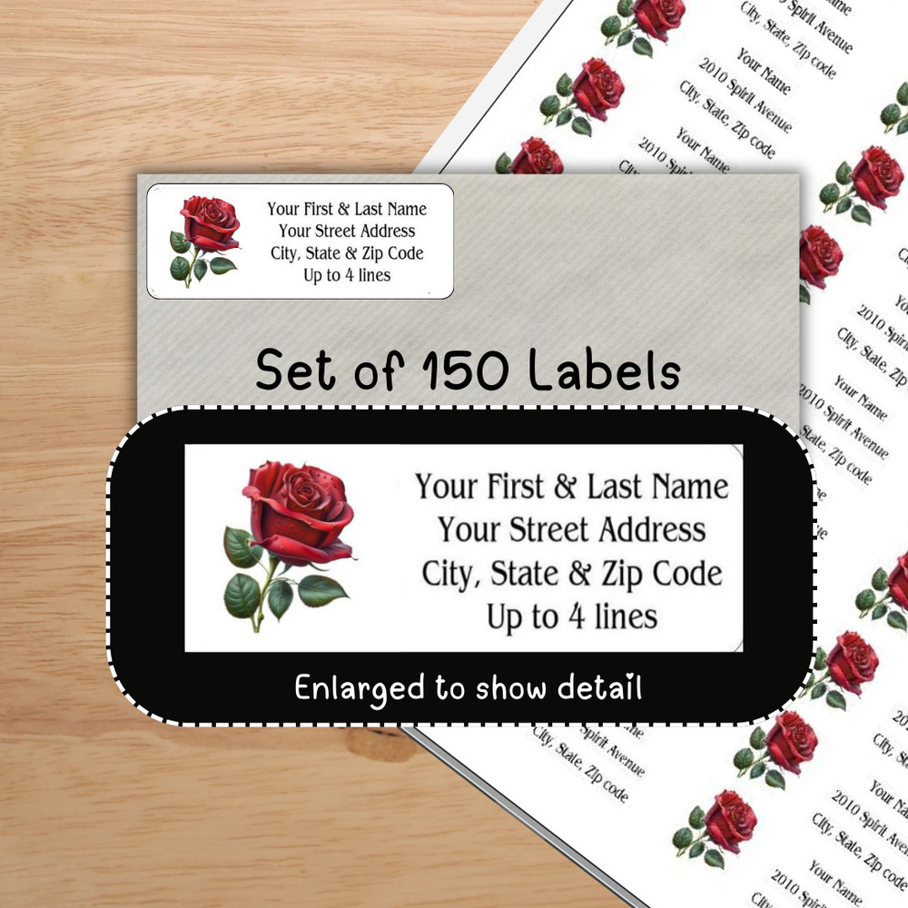 150 Beautiful Red Rose Stem Mailing Return Address Labels Personalized
