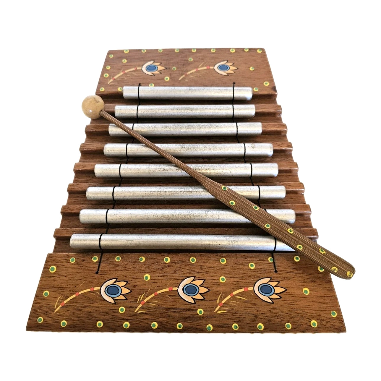 Teak Wood Meditation Chime Xylophone Hand painted w Mallet & 8 Stainless Keys