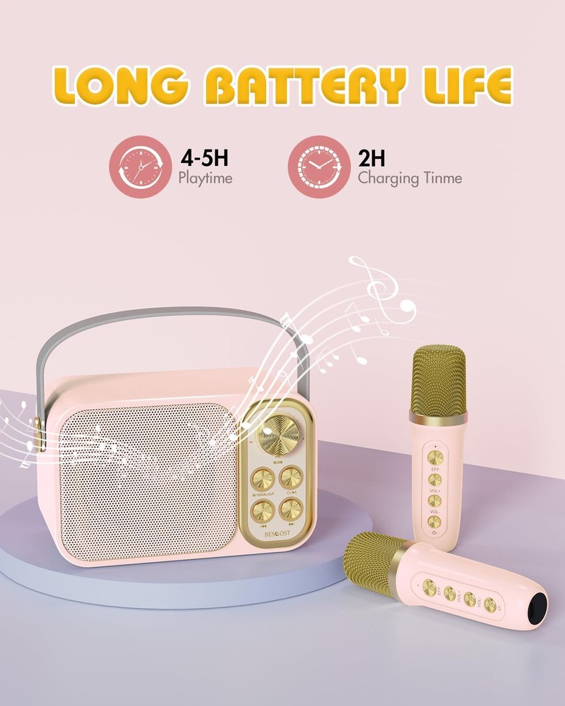Mini Karaoke Machine for Kids with 2 Wireless Microphone, Portable Bluetooth ...