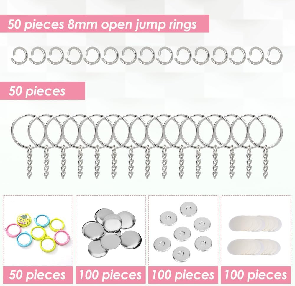 Keychain Button Making Supplies for Button Maker Machine, 50 Sets 32Mm Button Re