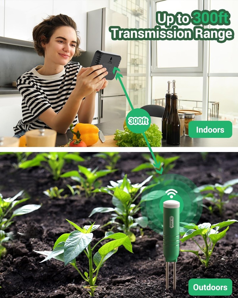 4-in-1 Soil Moisture Meter, 300ft Wireless Soil Tester Sensor, Temperature/Light