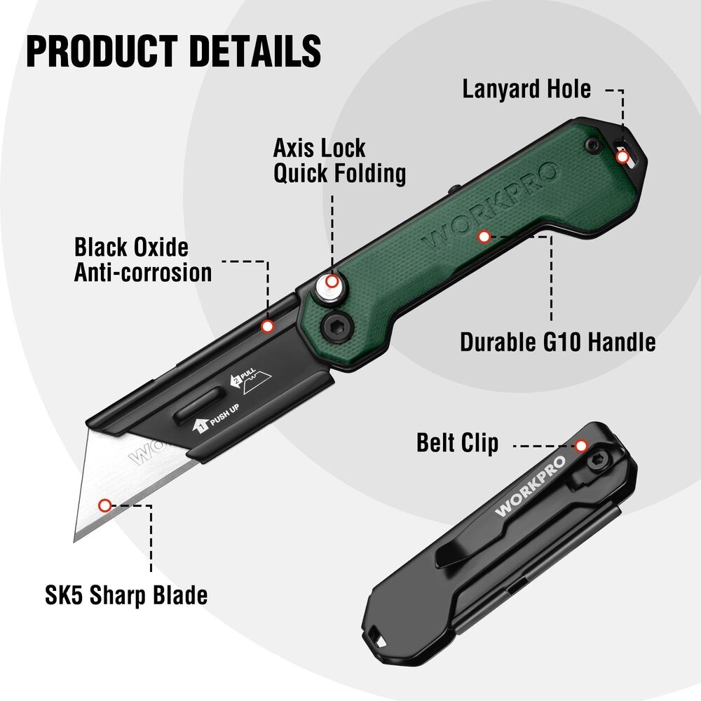 WORKPRO 3PCS Folding Utility Knife Quick Change Blade Box Cutter G10 Handle Axis
