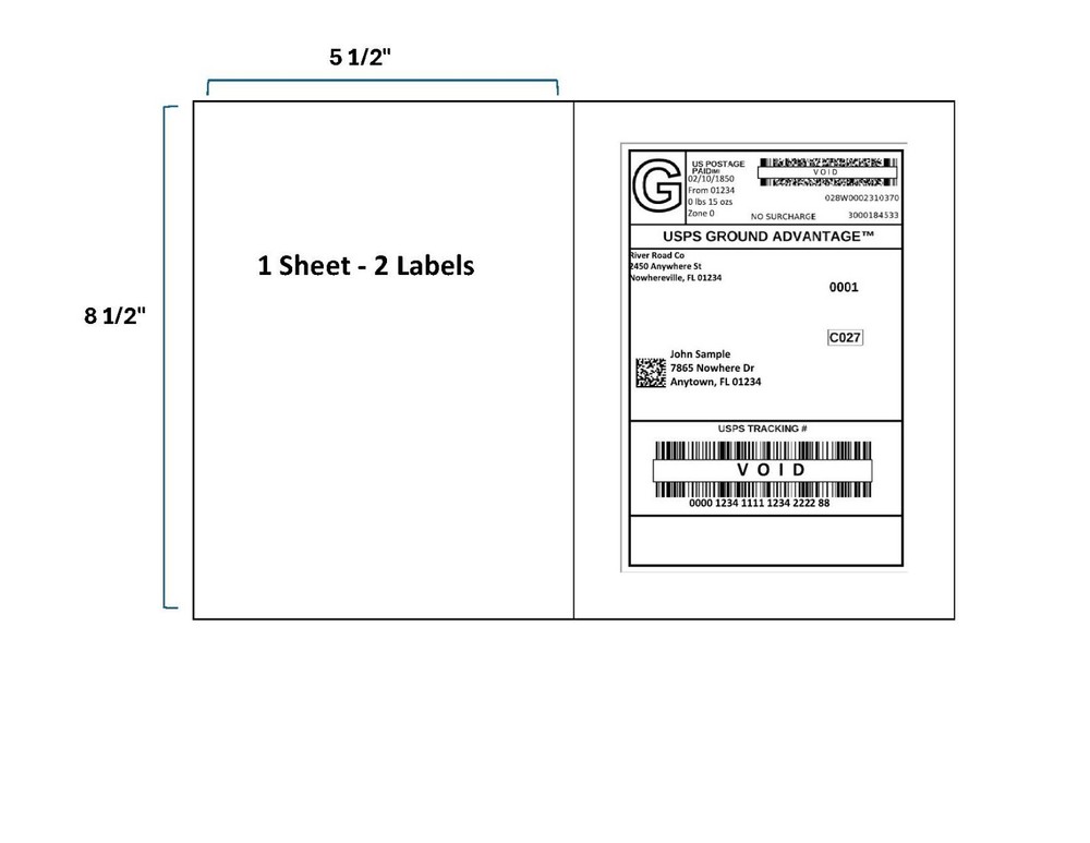 Half Sheet Shipping Labels 8.5" x 5.5" – 2 per Sheet - Choose Quantity