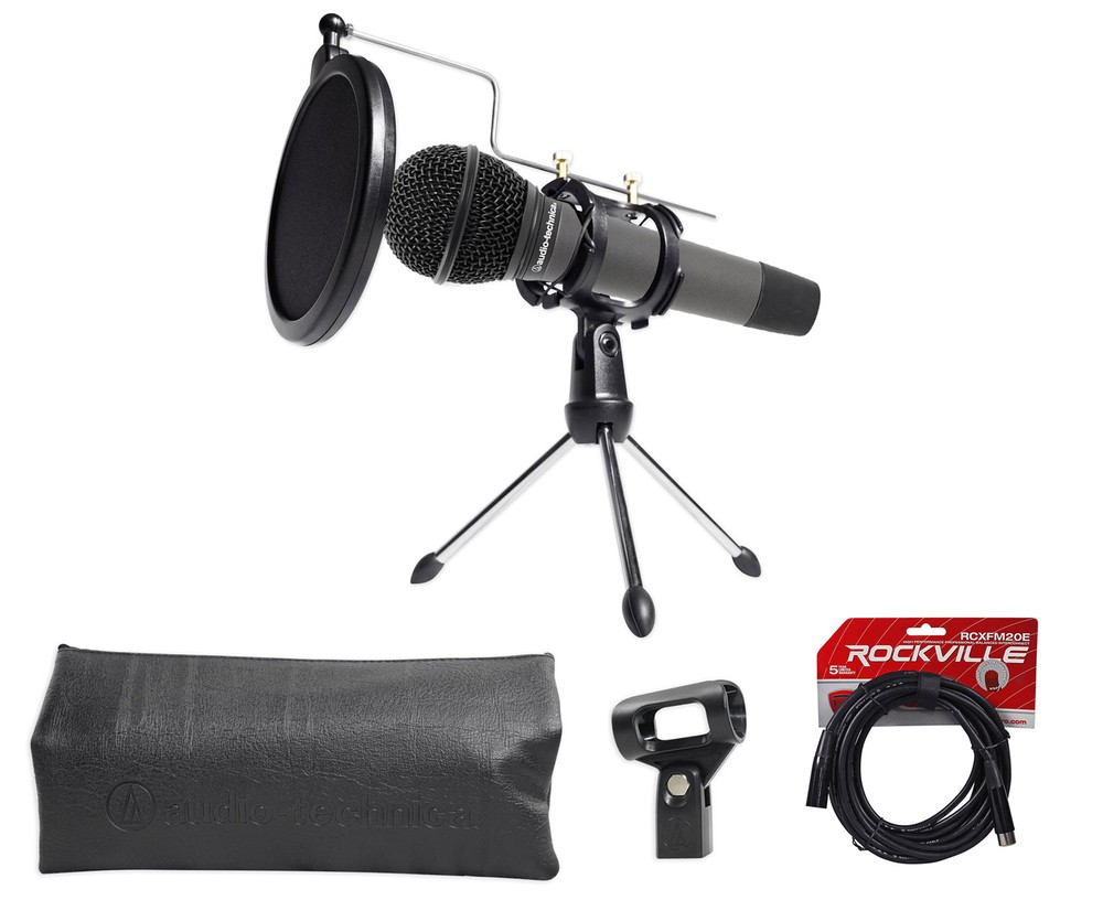 Audio Technica Dynamic Podcasting Podcast Microphone w/Stand+Pop Filter+Cable
