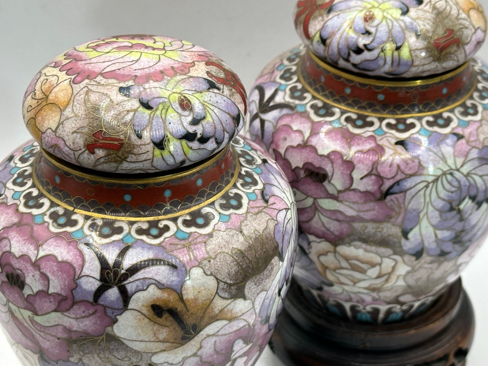 Vintage Pair of Chinese Cloisonné Enamel Ginger Jar Floral Motif 6.75" Wood Base