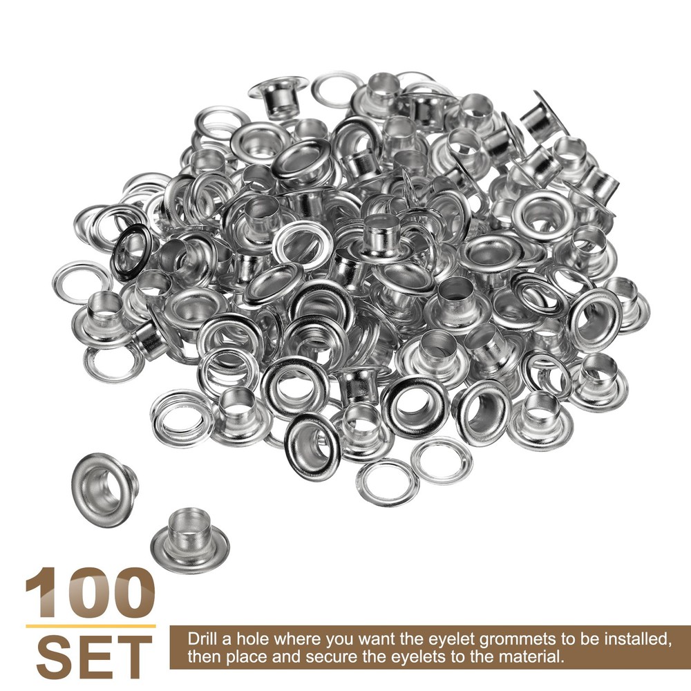 100Set Grommets Eyelets Kit 5mm Brass Eyelets with Washers, Silver
