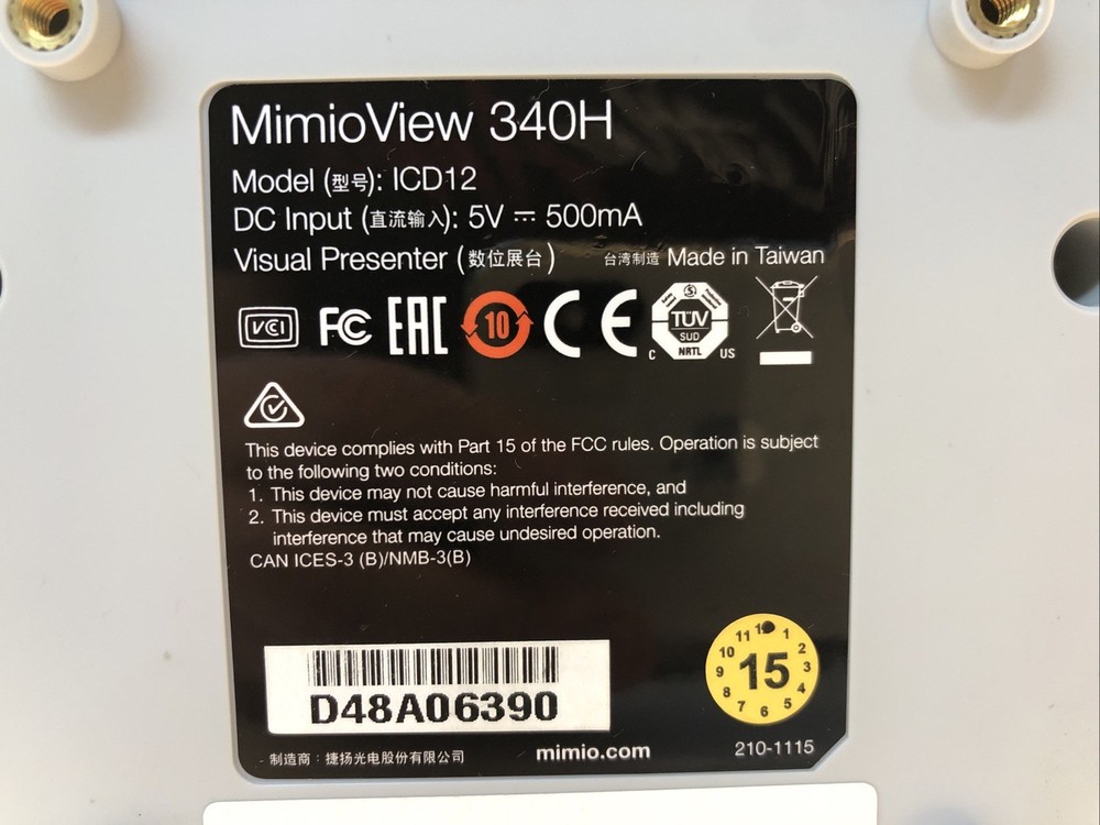 Mimio MimioView 340H USB Document Camera Model ICD12 With USB Cable