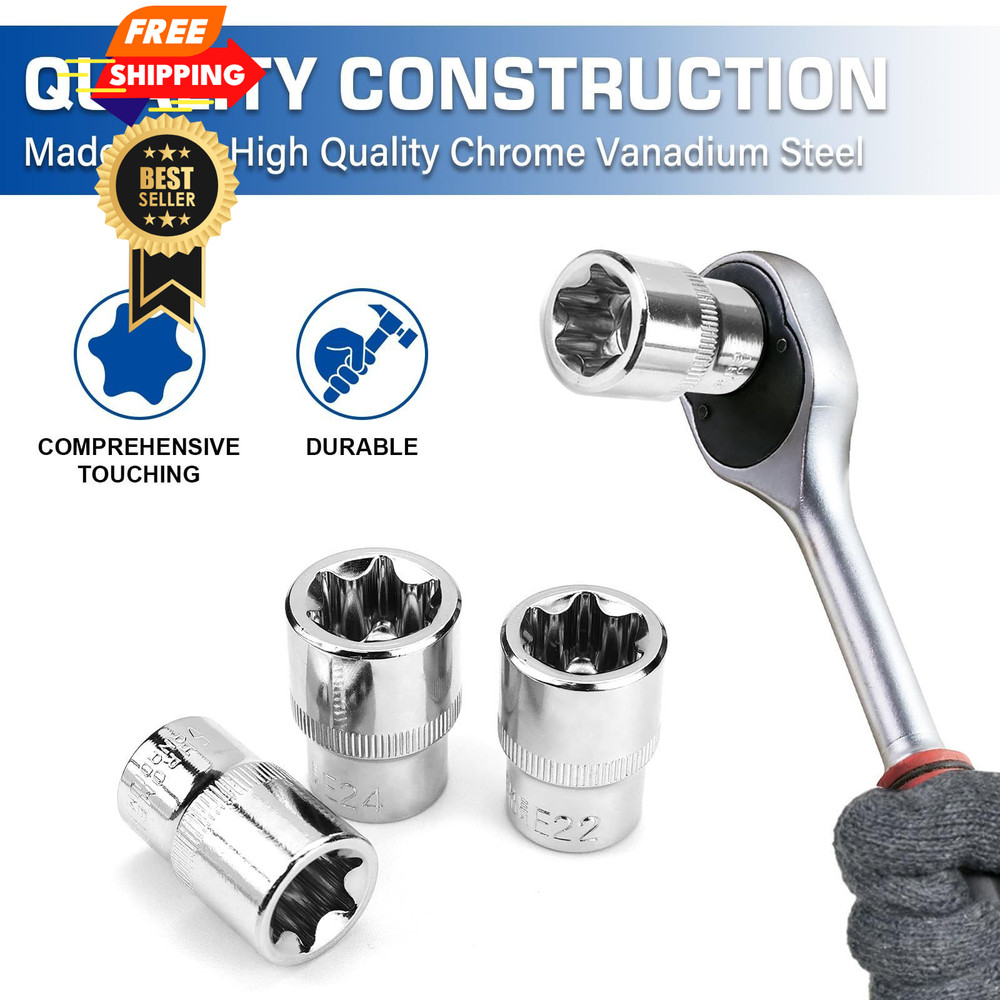 14-Piece Female E-Torx Socket Set, E4-E24 External Star Sockets, 1/4" 3/8"...