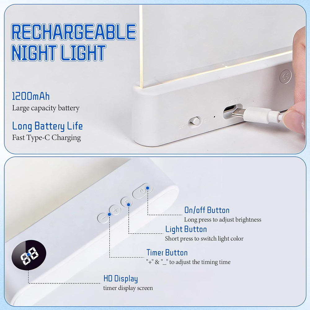Book Light, Rechargeable Clear LED Flat Reading Light with 3 Colors & Timer, Dim