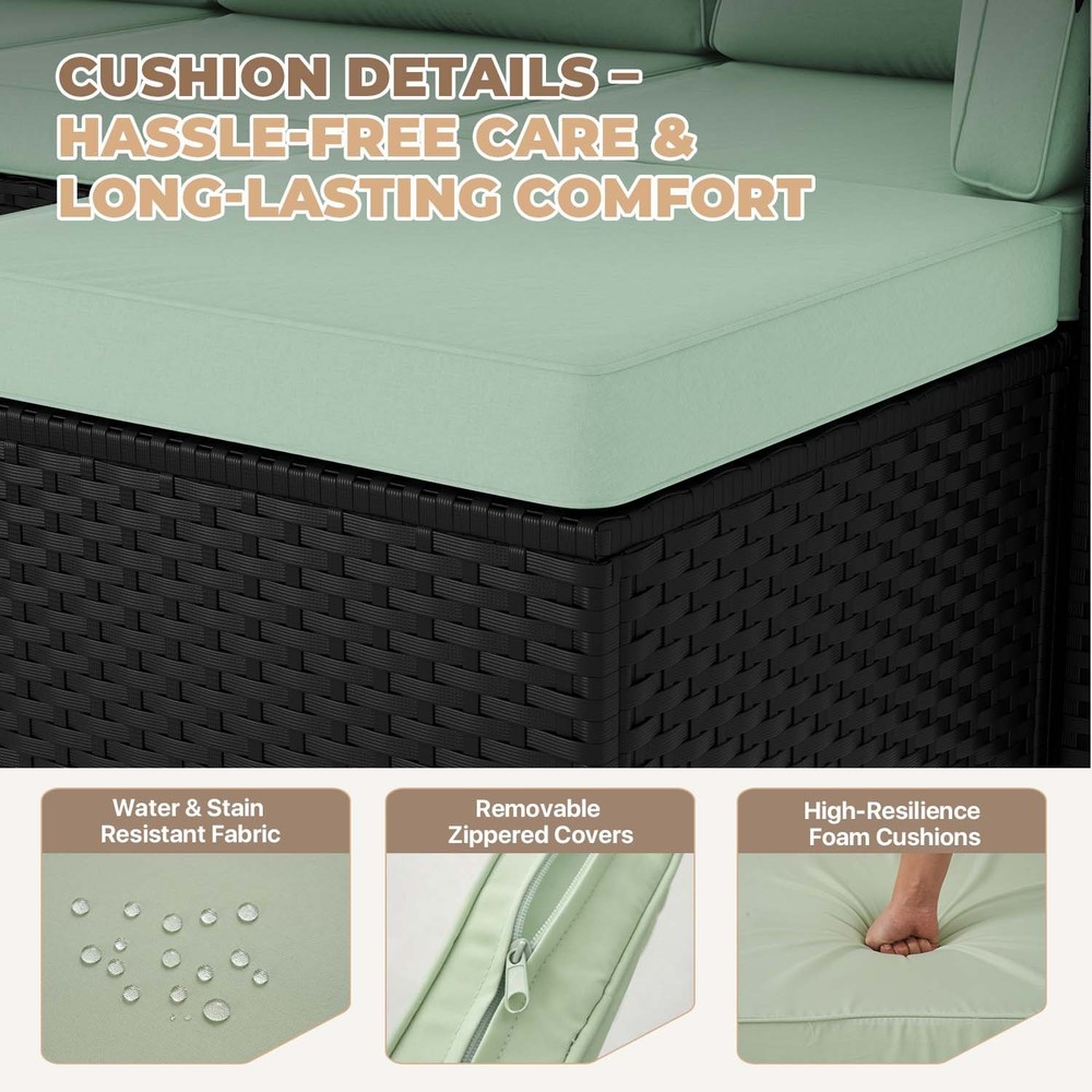 3-Piece Black Rattan Conversation Set Sofa Ottoman Table Light Green