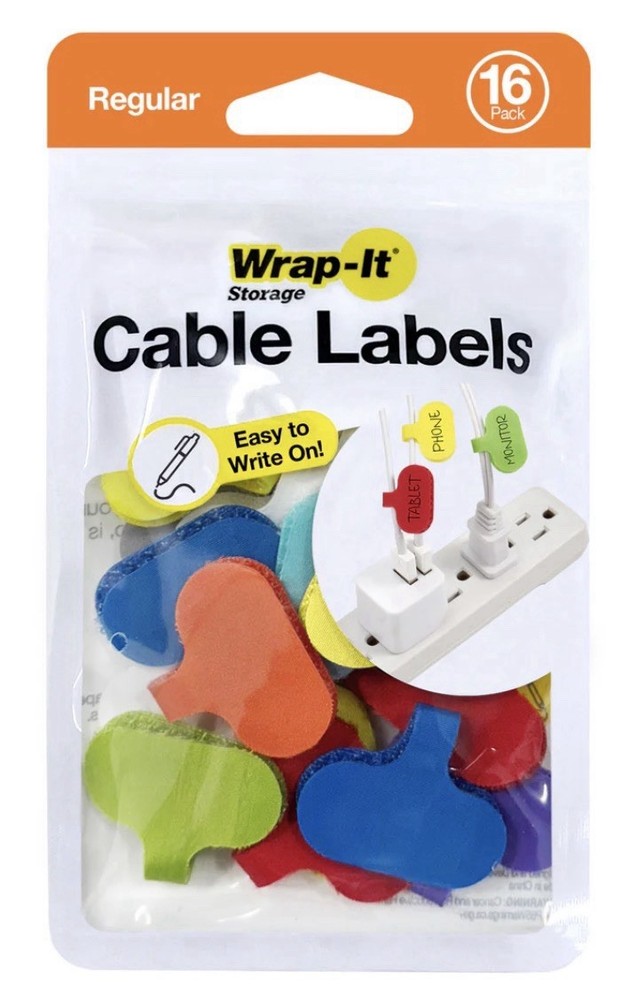 Wrap-It Storage Easy to Write On Cable Labels, Hook & Loop, 16 Pack Multicolor