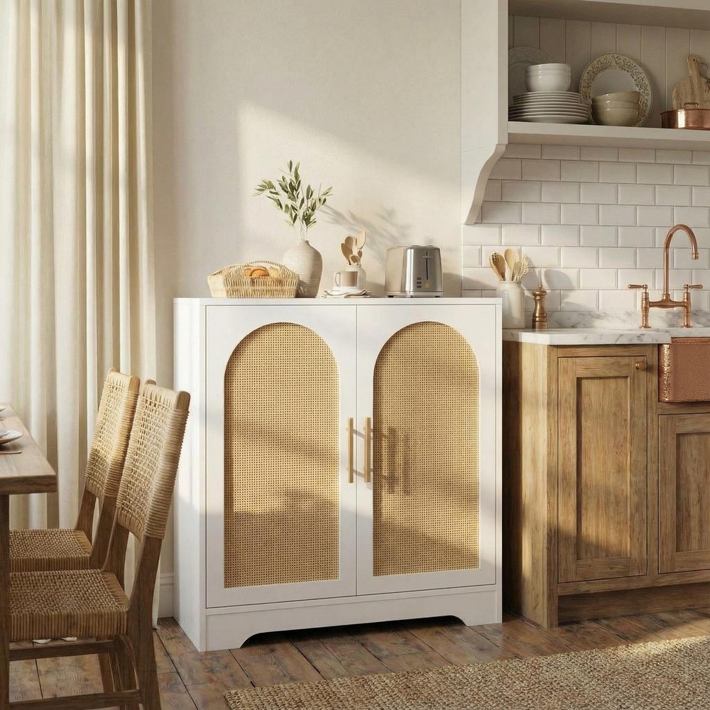 30" W Sideboard Buffet Cabinet- with 2 Rattan Doors, Large Storage Console Ta...