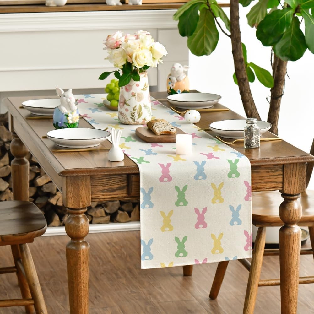 Artoid Mode Green Pink Bunny Rabbit Easter Table Runner, Spring Kitchen Dining T