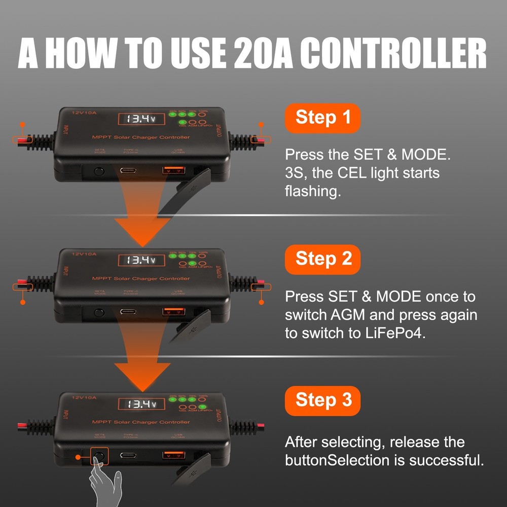 10A MPPT Solar Charge Controller 12V LCD Intelligent Regulator with Type-C&USB