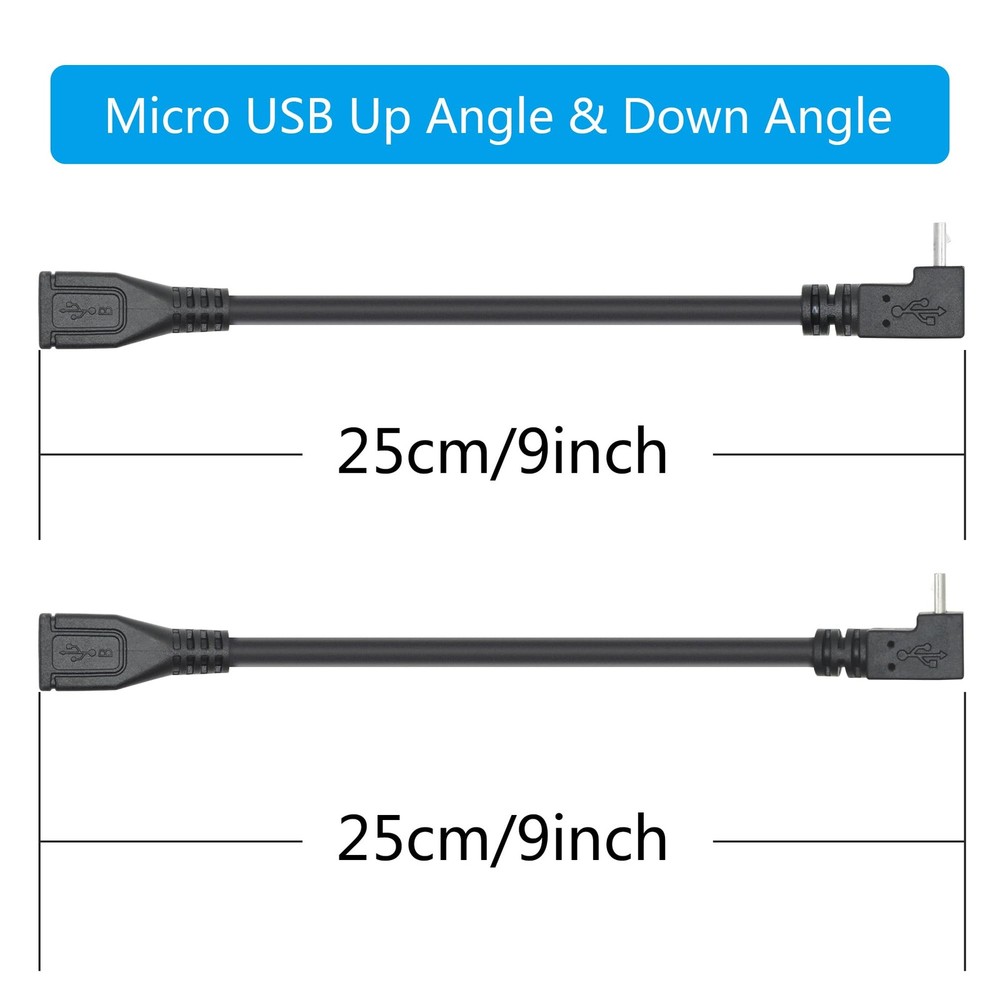 Short Micro USB Extension Cable 9inch, 90 Degree Up & Down Angle Black