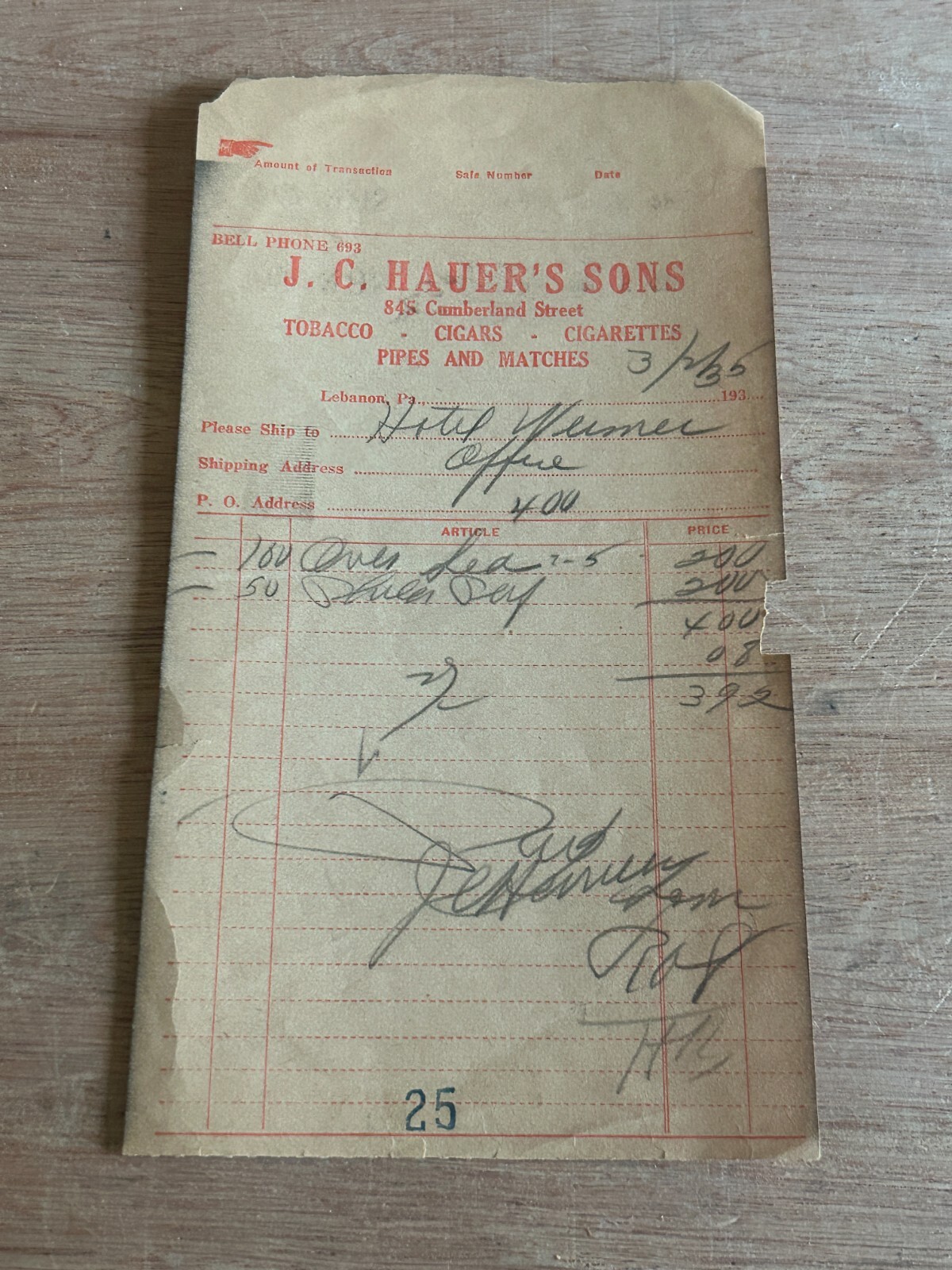 1935 Tobacco Cigar Invoice Billhead JC Hauer's Sons Hotel Weimer Vtg Rough Poor