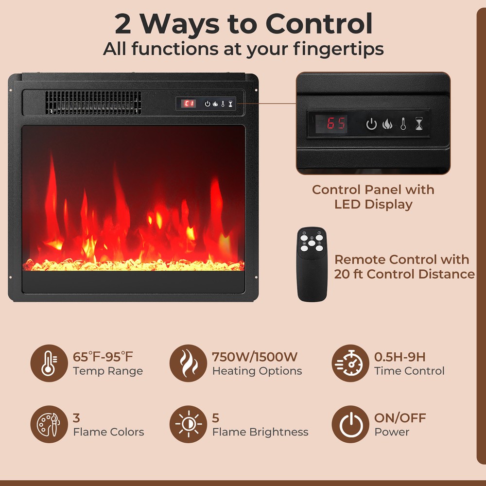 18" Electric Fireplace Insert w/Remote Control Adjustable Flame Color Brightness