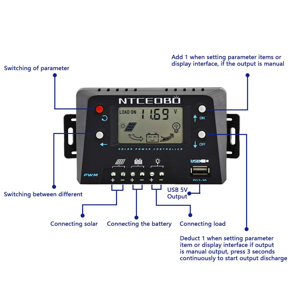 Large LCD Display 10A Solar Charge Controller 12V/24V,Double Button,USB Port