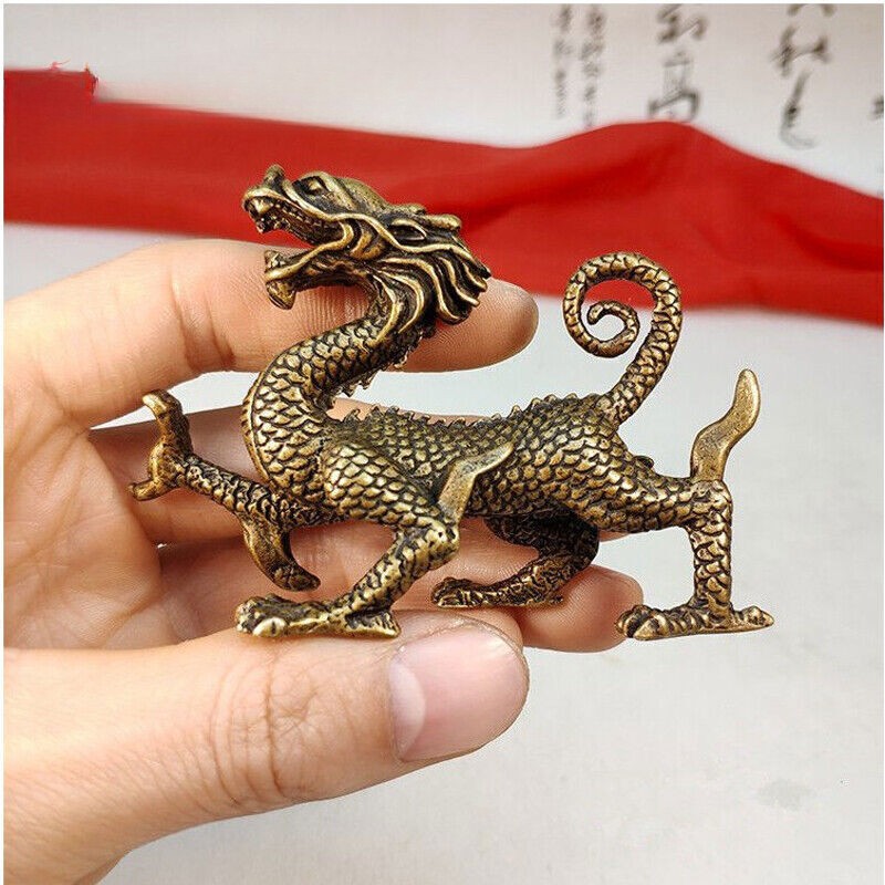 A+ Chinese Old Vintage Solid Brass Handwork Collectible Dragon Ornament Statue