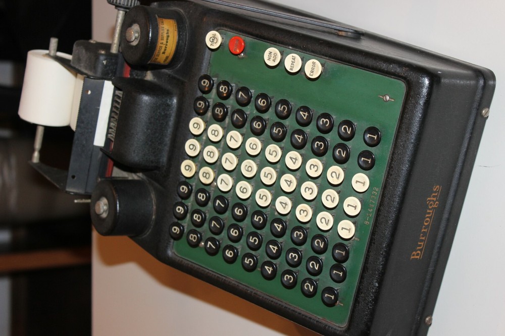 Vintage Burroughs Portable Adding Machine Calculator Tape Register